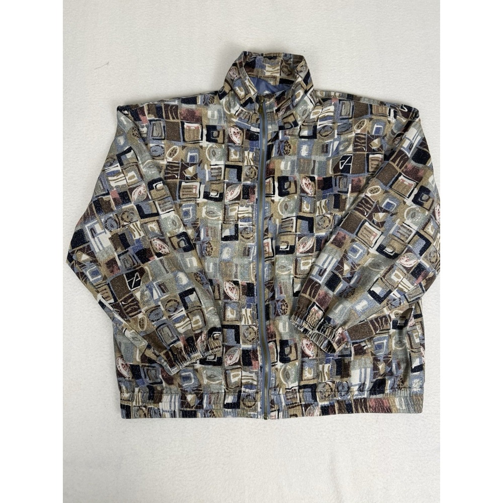 Vintage Stunt Sports 100% Silk Bomber Jacket‎ L Abstract Geometric Pattern 90s